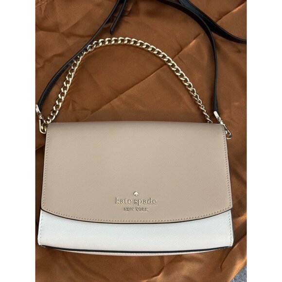 Kate Spade Carson Saffiano Leather Convertible Crossbody Warm Beige Black NWOT - Picture 3 of 16